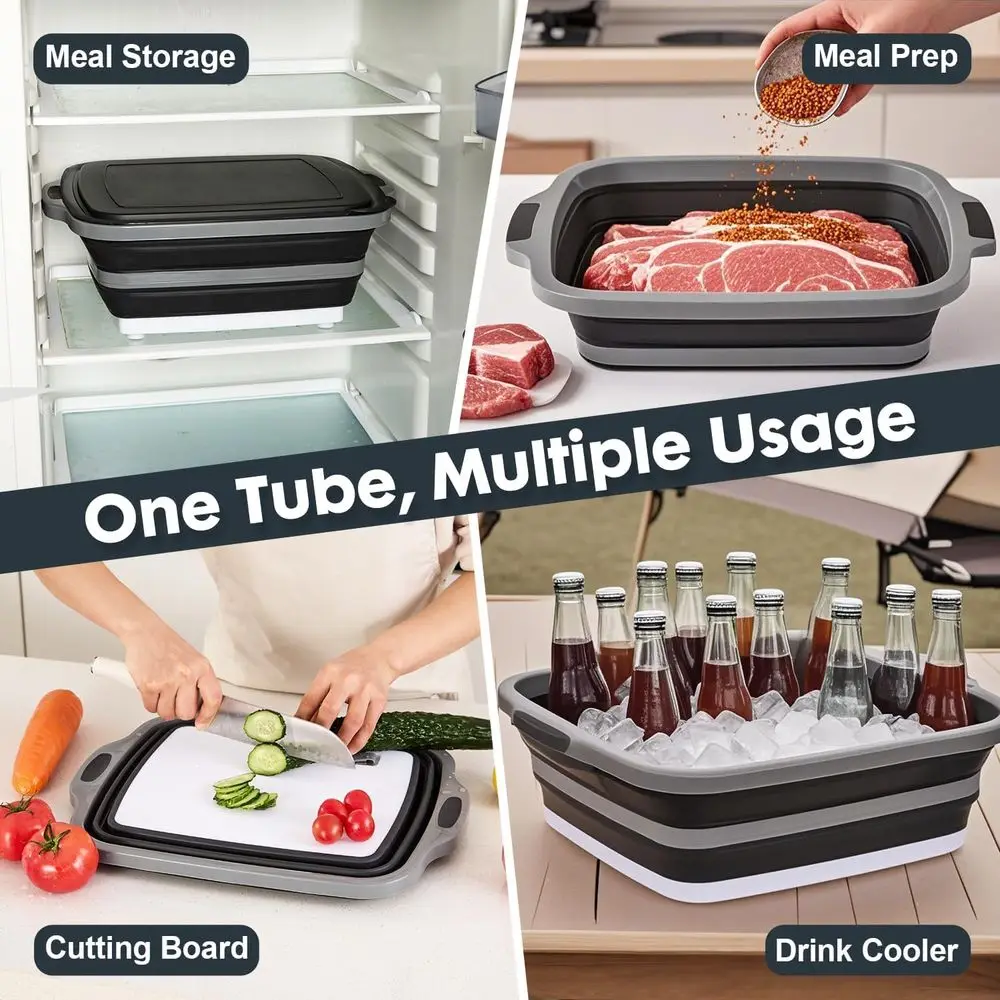 Conjunto de banheiras dobráveis para preparação de churrasco - 3 tamanhos com tampas e tábua de corte para armazenamento de alimentos, marinar e uso ao ar livre