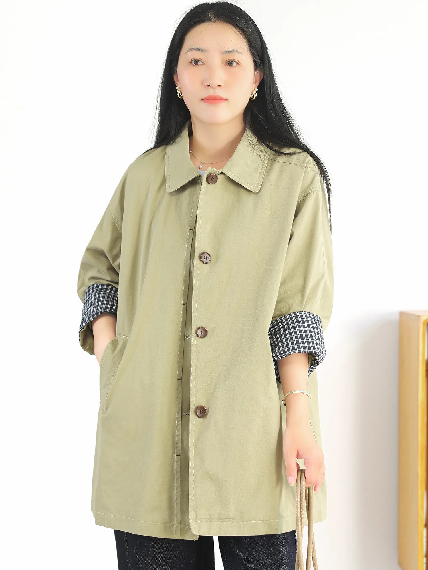 2025 Spring and Autumn New Women's Windbreaker Coat Loose Casual Grid Splicing Windproof Coat