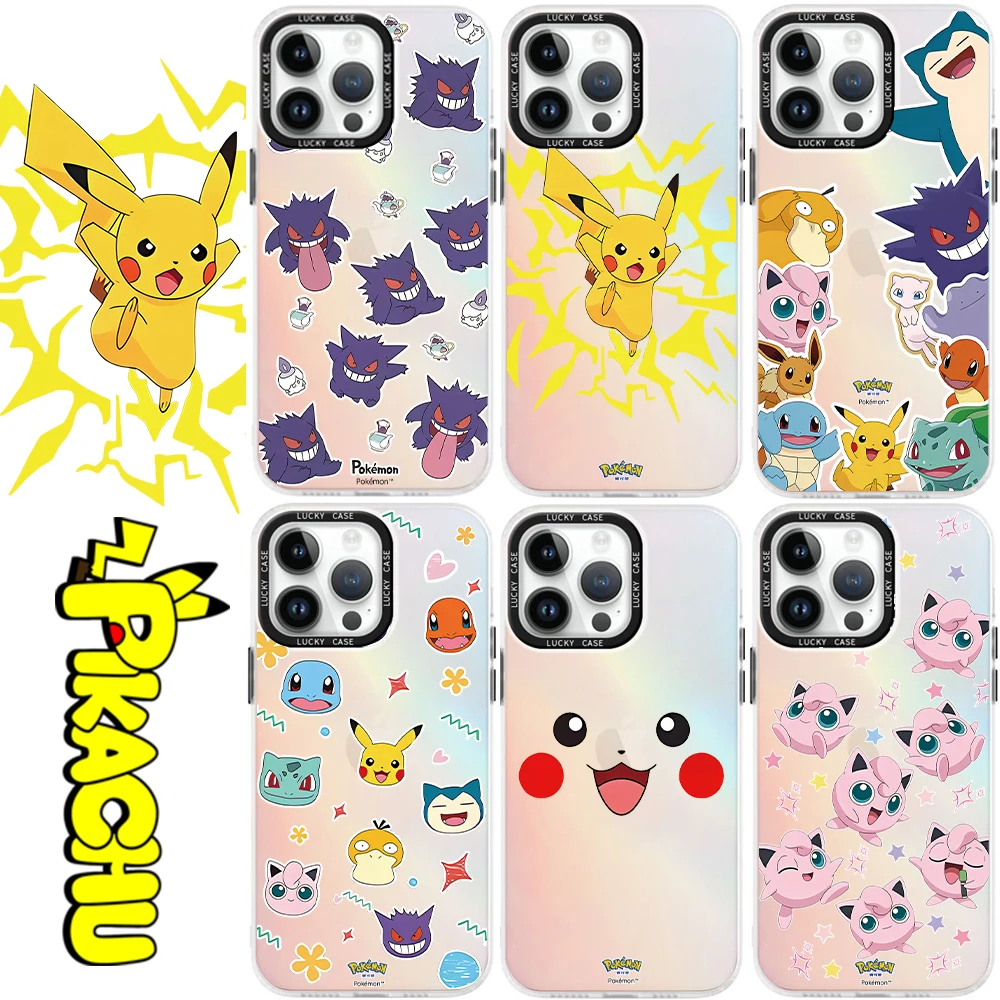 Anime Pikachus Gengars Phone Case for iPhone 15 14 13 12 11 Pro Max X XR XSMax 7 8 Plus Matte Aurora Laser Gradient Luxury Cover