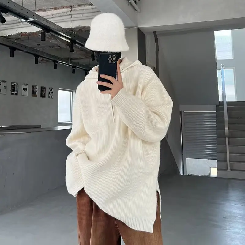 

Casual Hooded Knitted Sweater Men's Loose Lazy Sle f Zipper Autumn Winter Faion Brand American Retro Outdoor Jaet