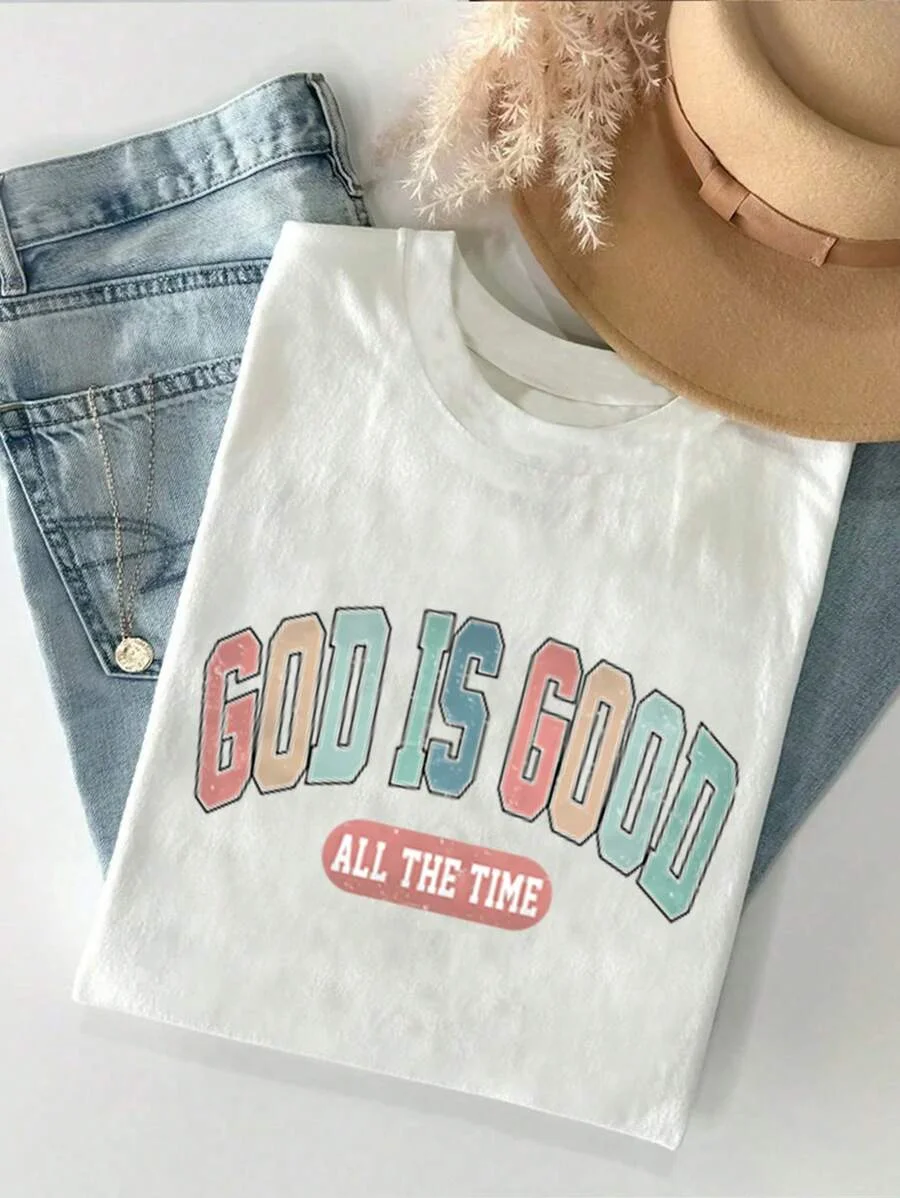 

Plus - Size Religious Gratitude Tee, White Short - Sleeve with “GOD IS GOOD ALL THE TIME” Retro Design