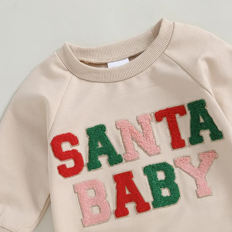 Christmas Newborn Baby Boys Girls Rompers Long Sleeve Round Neck Letter Embroidery Patchwork Sweatshirts Jumpsuits Overalls