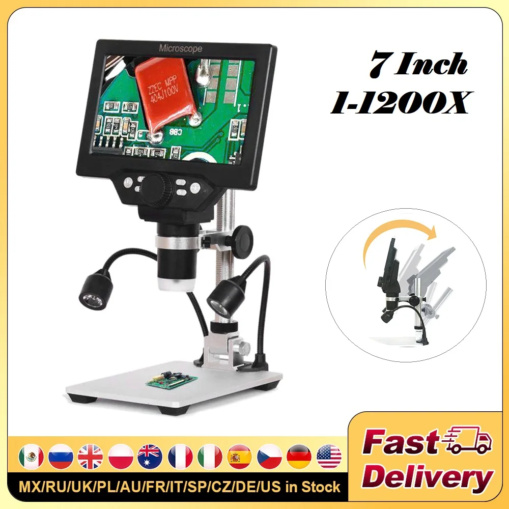 KKNOON G1200 Digital Microscope 7 Inch Large Color Screen Large Base LCD Display 12MP 1-1200X Continuous Amplification Magnifier