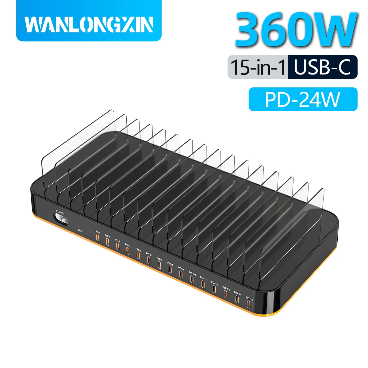 

Multi-Port 360W Charger: 15 Type-C Ports Stand Design Supports 15 Devices Simultaneously Compatible with Phones & Tablet