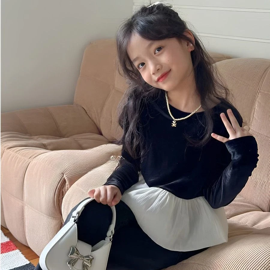 T-shirt Girls Velvet Splicing Yarn Princess Long Sleeved T-shirt Top Fashion and Versatile Children Small Fragrant Style Dress