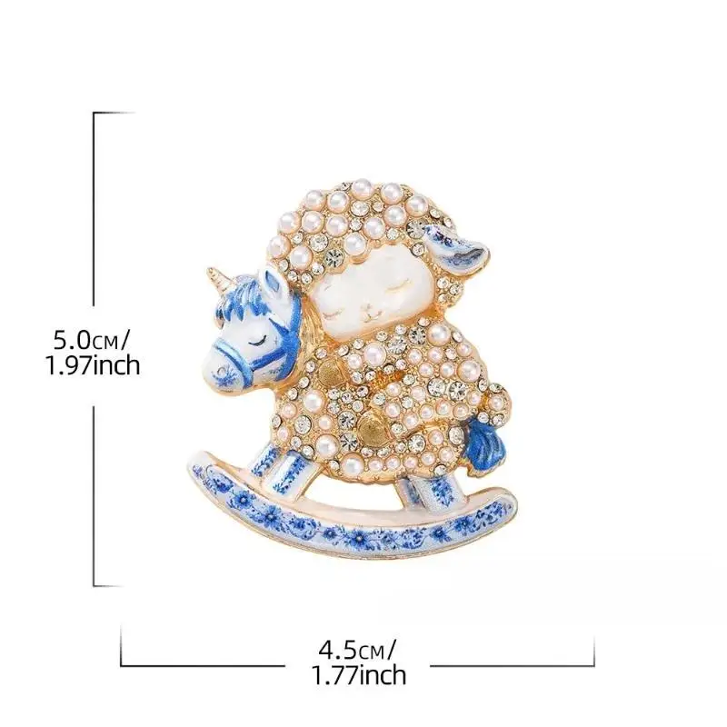 1Pcs Unisex Pearl Riding Rocking Horse Lamb Goat Animal New Year Party Casual Brooch Pins Adorable Sheep Brooches For Women