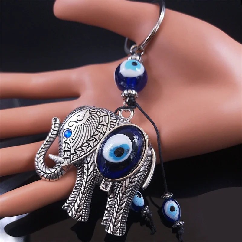 Lucky Elephant Key Chain Pendant Blue Color Turkey Eyes Animal Keyring Bag Accessories Amulet Jewelry chaveiro feminino K88235S1