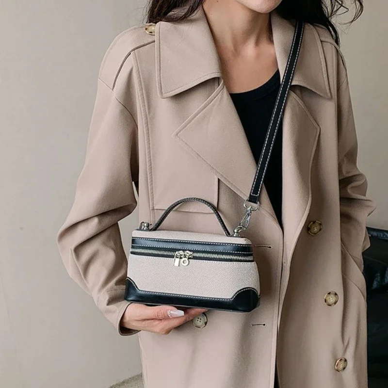 Light Luxury Zipper PU Canvas Spliced Shoulder Bag 2024 Hot Selling New Trend Women\'s Bag High Quality Fashion Brand Makeup Bag