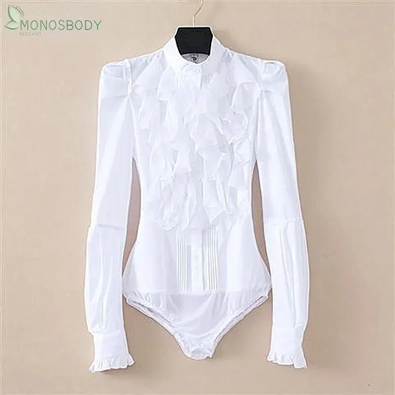 High Quality Fashion Chiffon Bodysuits Women Office Lady Work White Ruffles Body Shirt Long Sleeve Bodycon Blouse Female Rompers