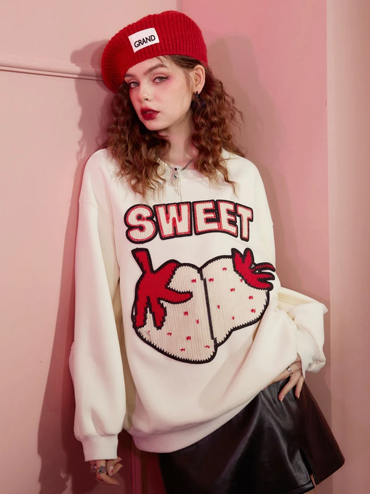 Zoki Pure Cotton Strawberry Sweatshirt Women Vintage Streetwear American Pullovers Oversize Loose Long Sleeve Female Cute Tops