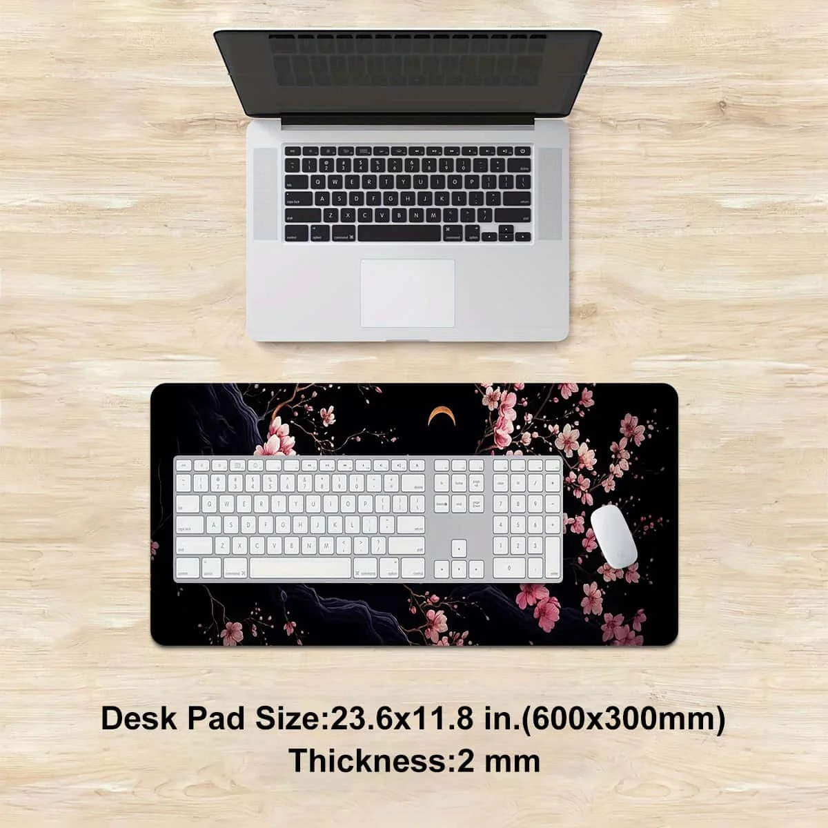 قطعة واحدة من زهر الكرز الأسود والوردي الكبير مع لوحة ماوس على شكل هلال القمر، مطاط غير قابل للانزلاق ومتين، مثالية للألعاب والمكتب والهدايا