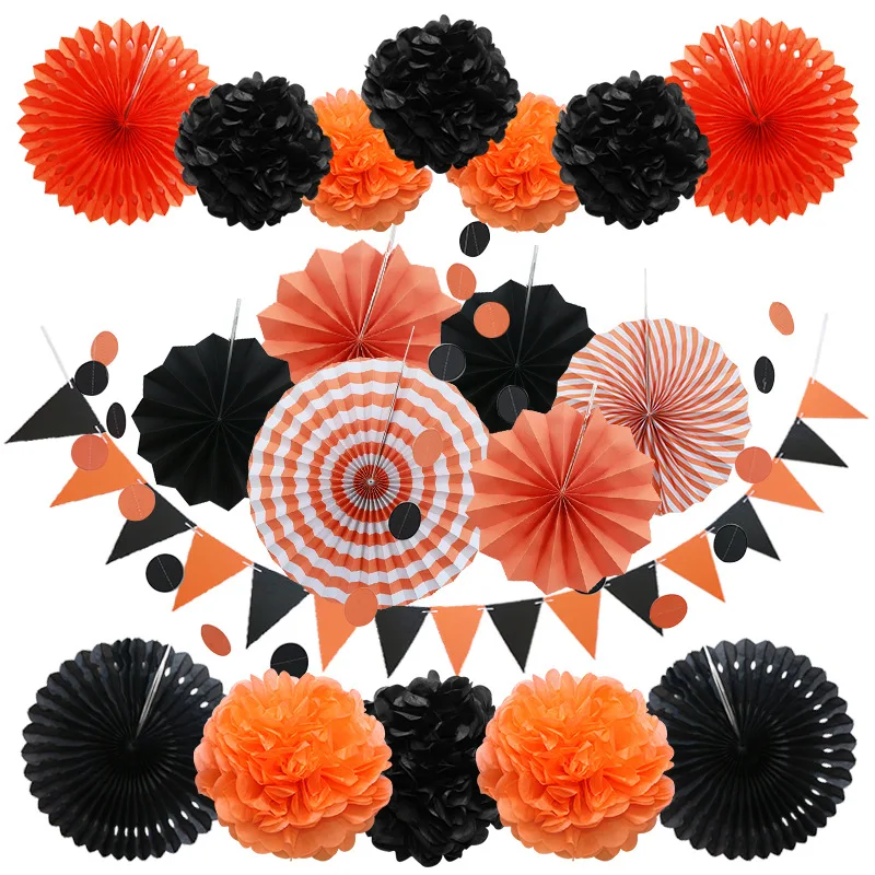 Black Paper Pom Poms Flowers Fan Ball Triangle Streamer for Wedding Baby Shower Happy Birthday Party Halloween Party Decoration