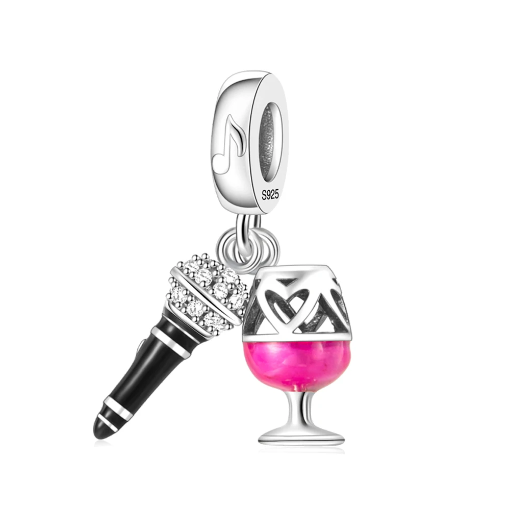 Pan Charms Original Microphone & Wine Glasses Dangle Charm Bracelet Pendant Jewelry