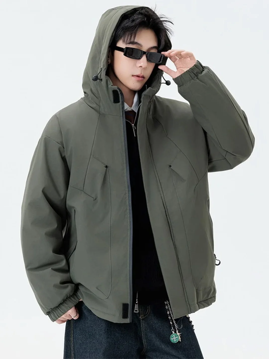

Winter Thiened down Cotton Jaet Men's Cleanfit Color Versatile Hooded Warm Cotton Clothes plus Size Loose Outerwear