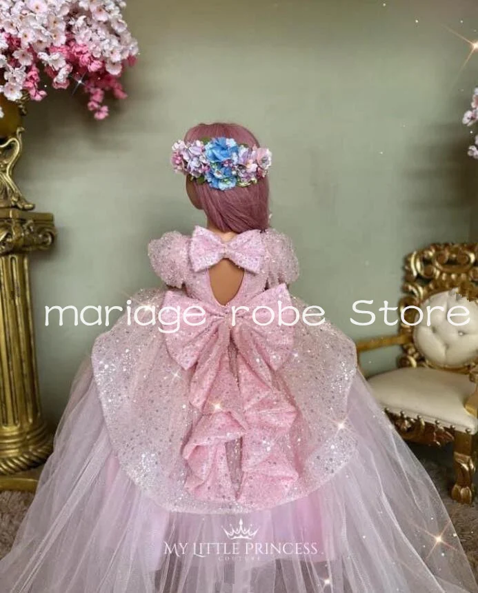 Vestidos de bebé rosa para niña pequeña, lentejuelas brillantes, perlas, pajarita, tutú hinchado, muñeca de oso, 3 años, 2025