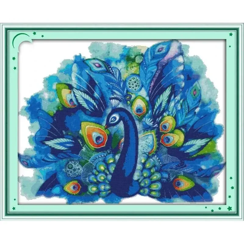 

Joy Sunday Pre-printed Cross Stitch Kit Easy Pattern Aida Stamped Fabric Embroidery Set-Blue Peacock (1)