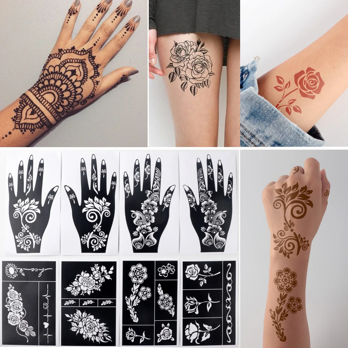 

8-Piece Set of Large Floral Hollow-Out Tattoo Stencils, Suitable for Women's Hands, Fingers, Face and Body Painting, Glitter Spray Juice Paste Hollow-Out Tattoo Stencils, Sizes 20X 10.5cm /17X 11cm , Suitable for Use in Ramadan, Valentine's Day, Carnival 