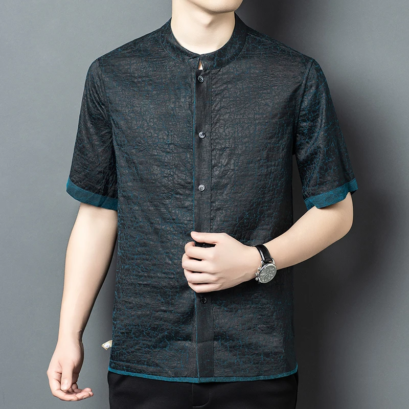 Reversible Design Shirts For Men Short Sleeved Natural Silk 100% Summer Quality Lightweight Coolness Loose Fit Camisas De Hombre