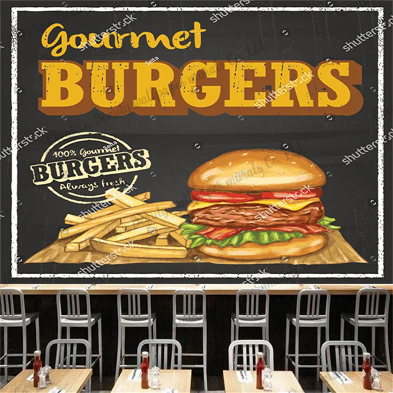 

Blackboard Hand-painted Burger Chips Wall Paper Industrial Decor Wallpaper Fast Food Restaurant Snack Bar Mural Papel De Parede