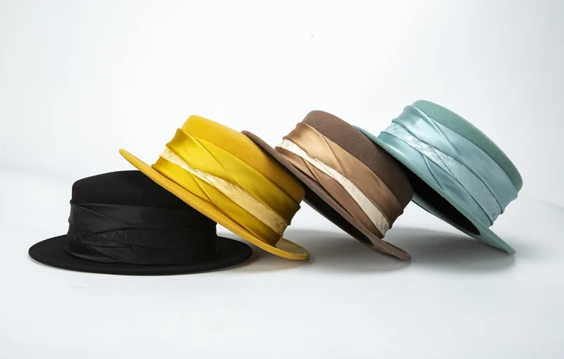 Classical yellow green Felt Winter Hat Warm Cloche Wool Hat Ribbon Floppy Brim Derby Wedding Church Fedora Hat Ladies Dress Hat