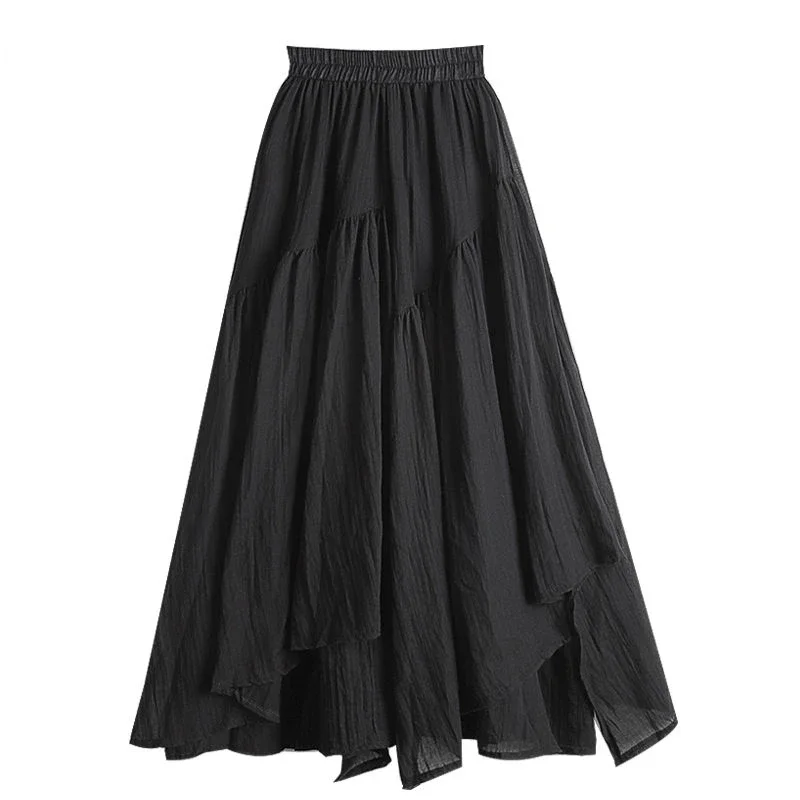 Onregelmatige Rokken Voor Vrouwen Groene Casual Elastische Hoge Taille Rokken Vintage A-Lijn Slanke Elegante Halflange Rok Nieuw Zomer 2024