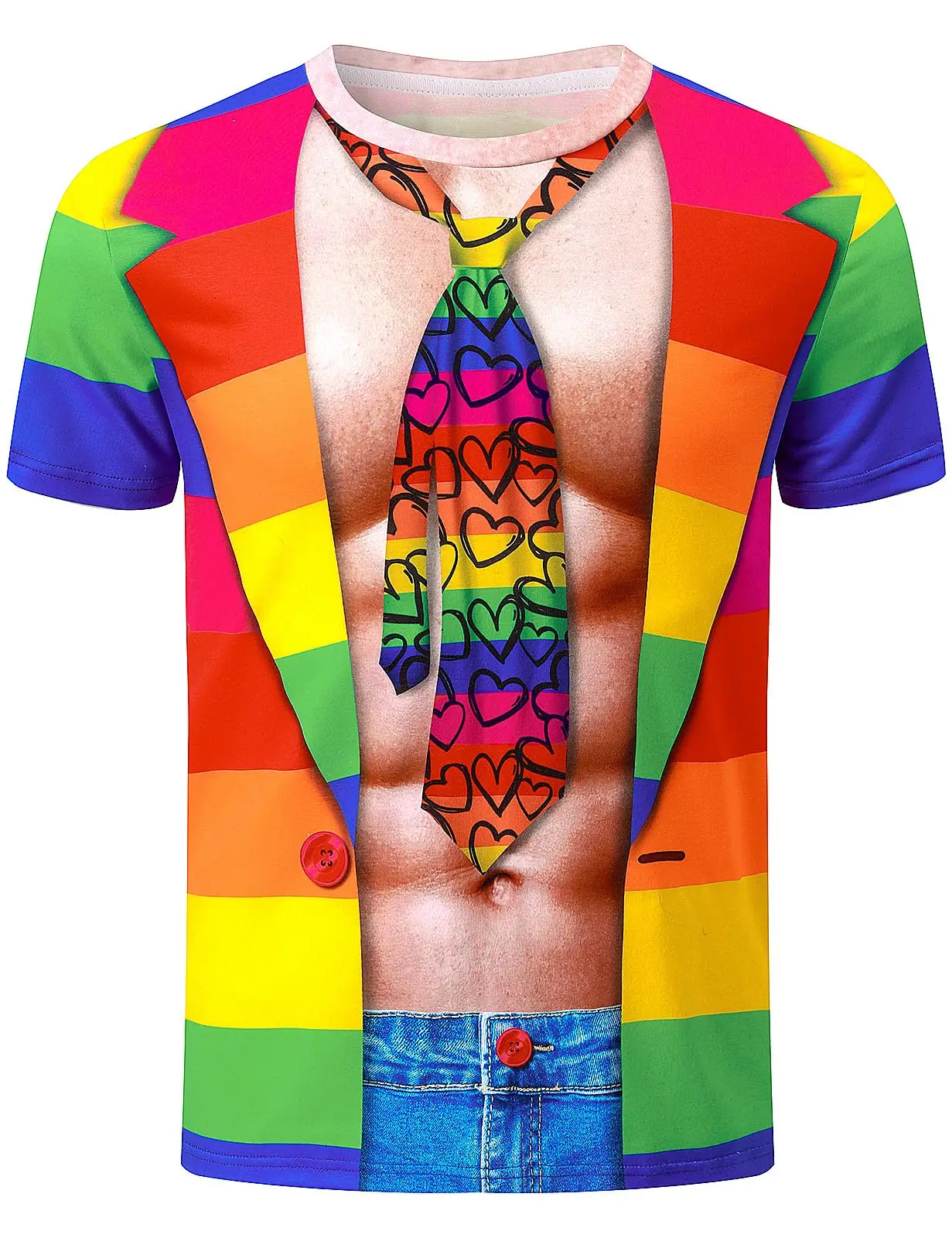 Camiseta de Hombre con Estampado 3D de Traje Falso y Rayas Arcoíris, con Corbata con Diseño de Corazones; Perfecta para Fiestas de Carnaval y Reuniones Festivas