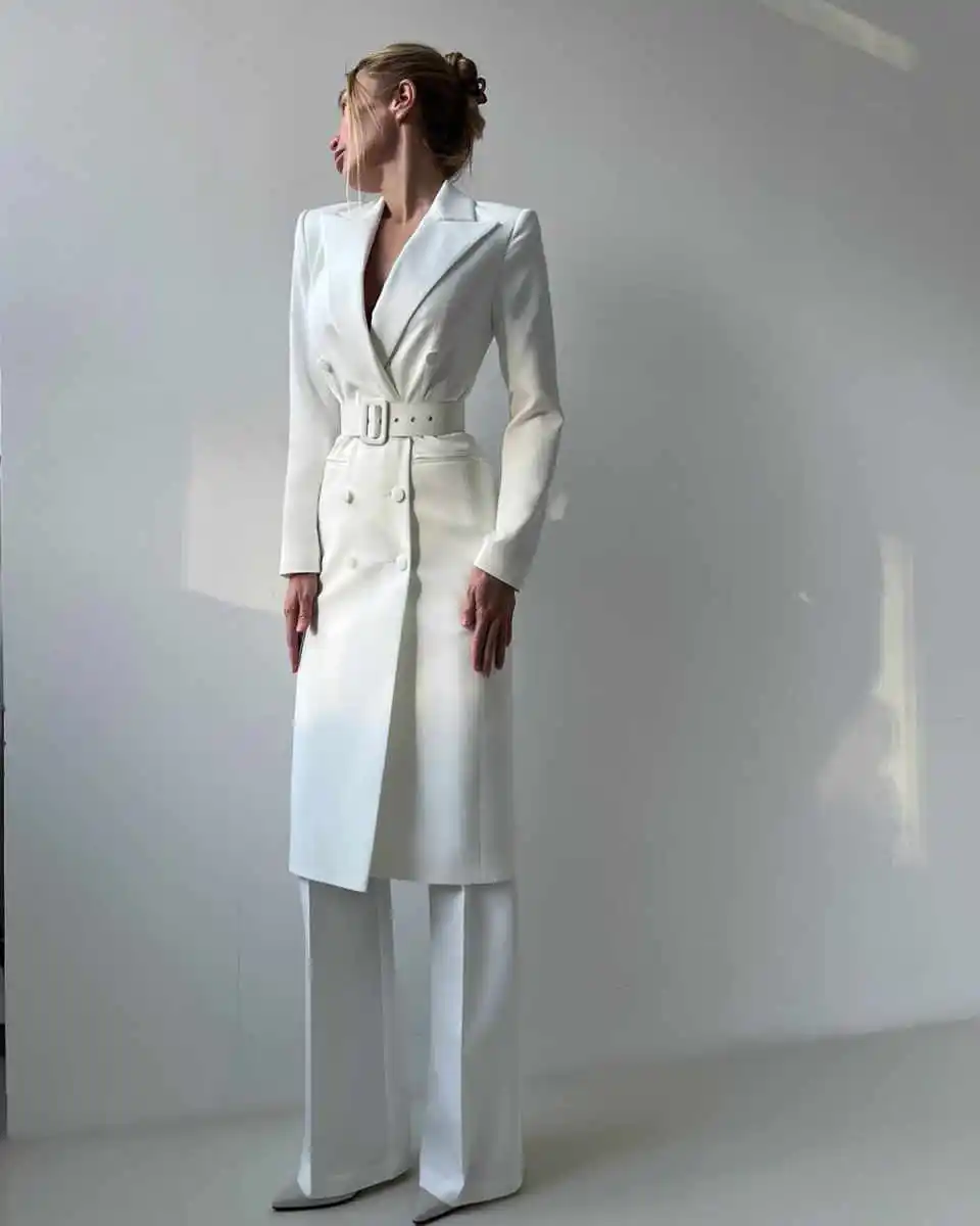 Simple Tailored Women Suit 1 Piece Long Blazer Overcoat Double Breasted Peaked Lapel Belt Office Wear Women Customized