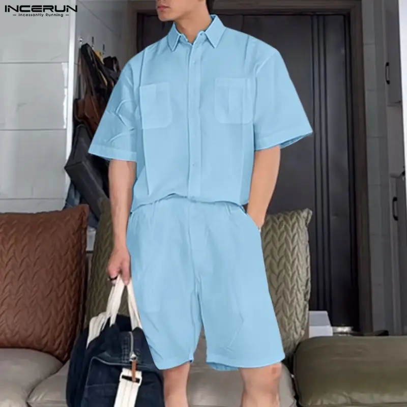 Мужские комплекты INCERUN: однотонная рубашка с коротким рукавом и шорты, комплект из двух предметов, уличная одежда, свободный крой, летняя мода, мужские повседневные костюмы