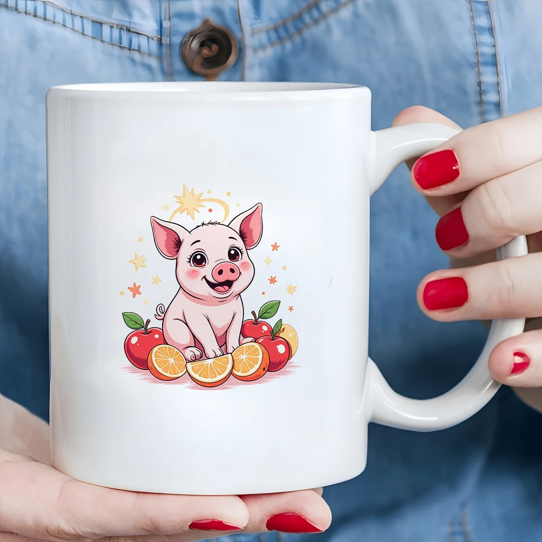 

11oz cartoon pig fruit mug kids cold & hot beverage cup Christmas gift family office mug