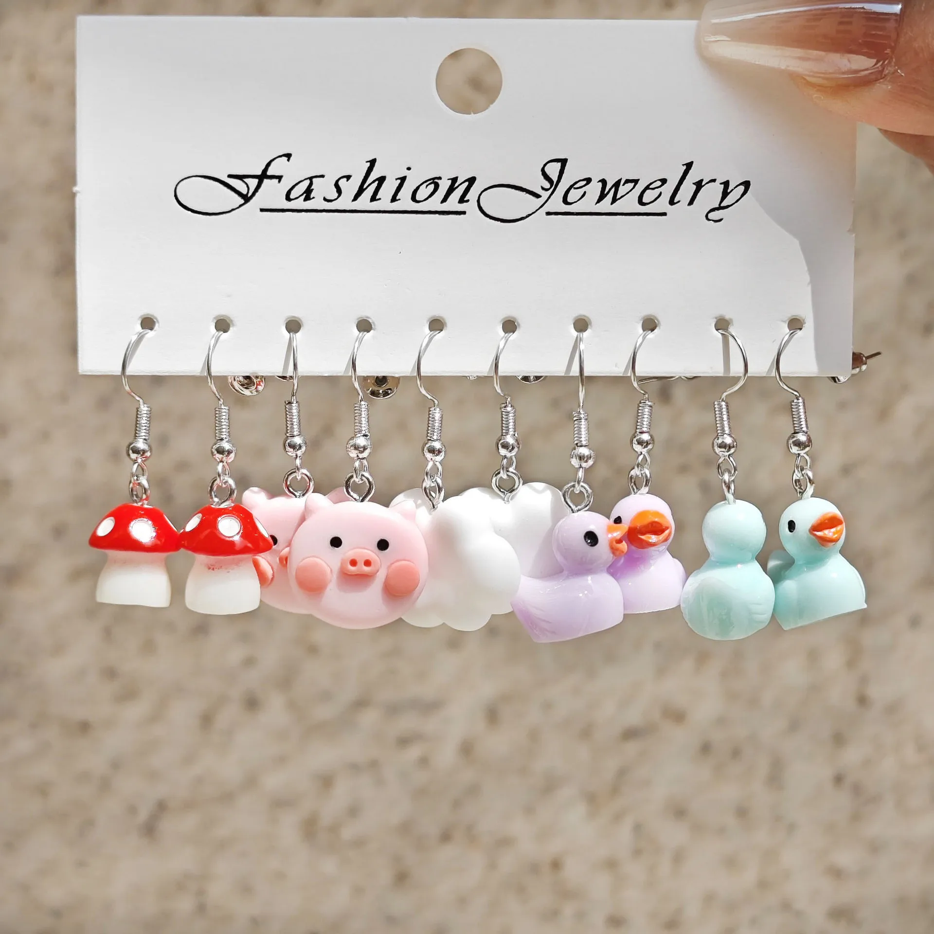 

Cross border Fashion Sweet Cartoon Resin Duckling Pink Piggy Simulated Edible Mushroom Mixed Earrings and Earrings Set