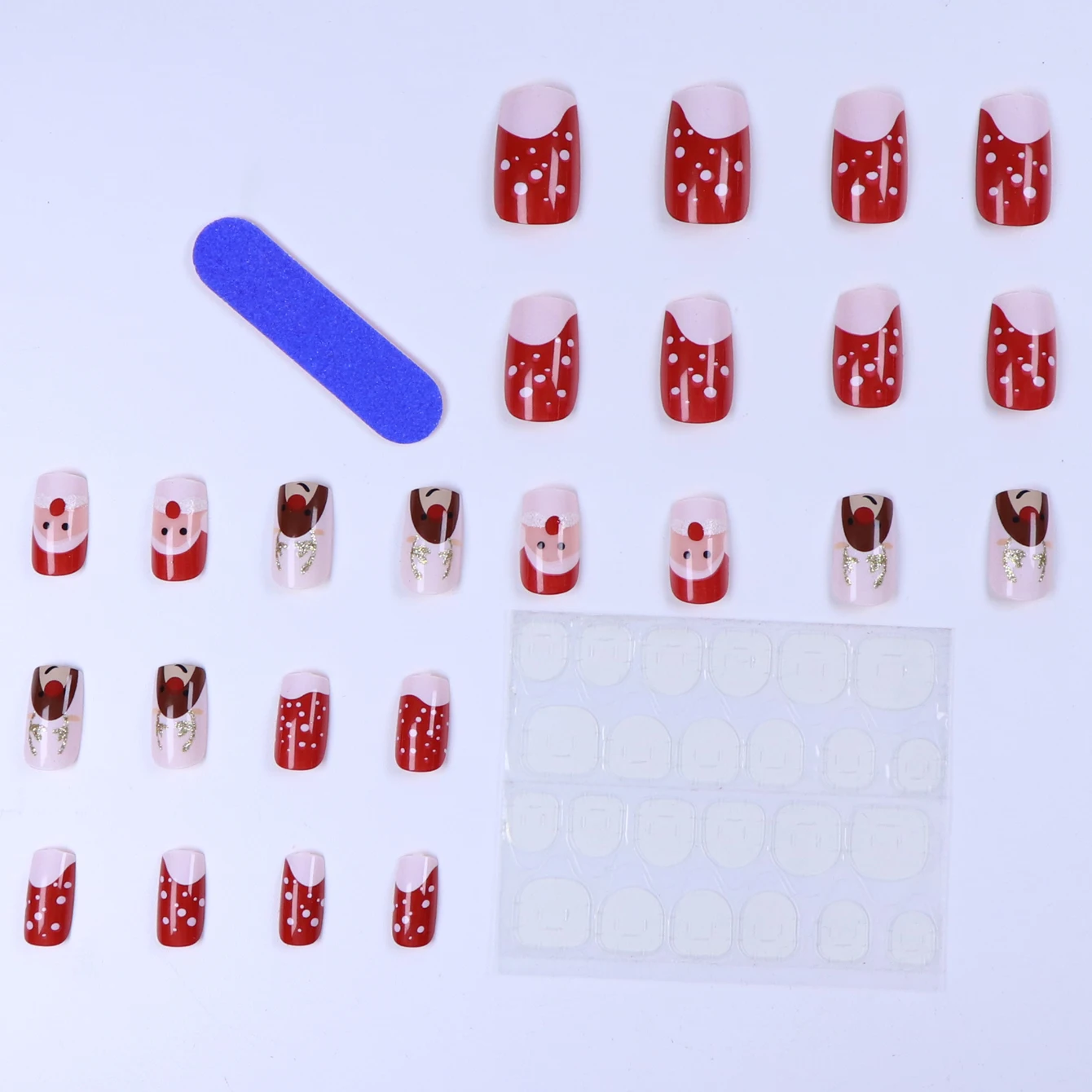 24枚入り キュートなトナカイデザイン フルカバー クリスマス フェイクネイル レッドグリッター クリスマス アクリルネイル