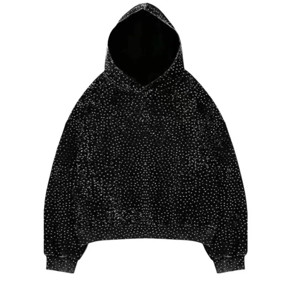 Women Solid Color Hoodies Hooded Loose Sweatshirts with Shining Rhinestone Long Sleeve Pullover Tops for Daily Use