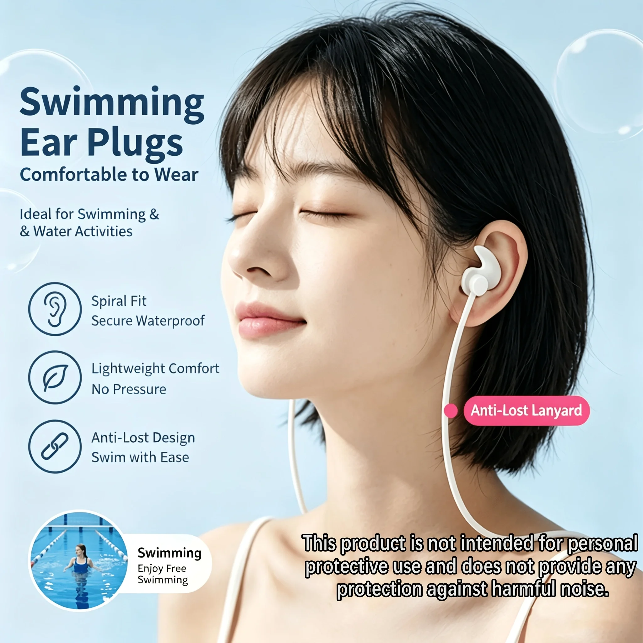 Swimming Earplugs and Nose Clips Set With Long Anti-lose Lanyard Soft Comfort Portable Shower Swimming Rafting Surfing Beach