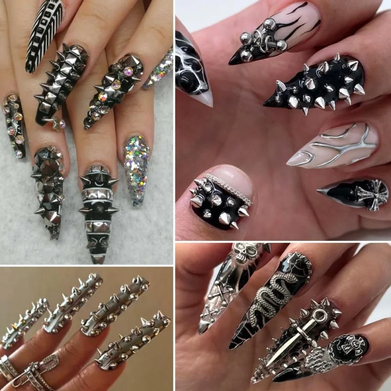 6 rasters 3D metalen klinknagel nagelbedels punkstijl gemengde maten goud zwart zilver legering nagelkegel studs nagelkunst manicure decoraties