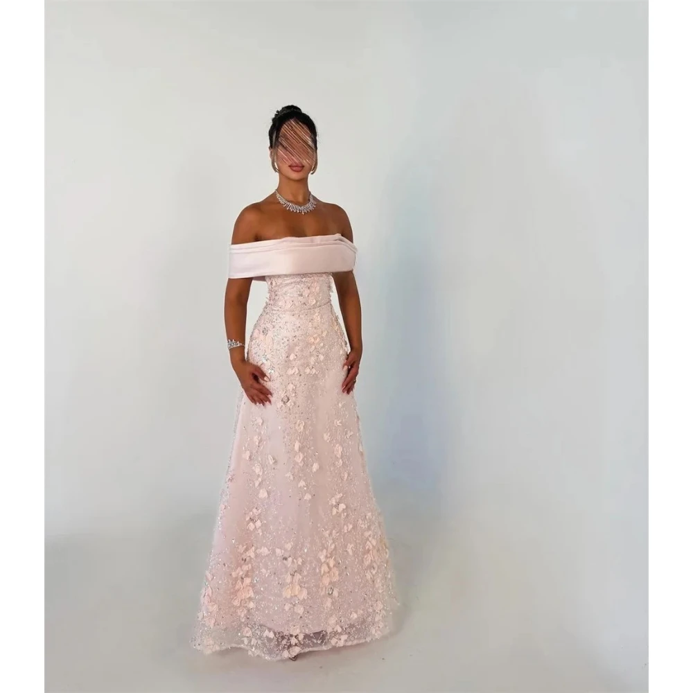 فستان حفلة موسيقية أنيق من التل مزين بالزهور 2025 قبالة الكتف من الساتان حورية البحر طول الأرض فساتين الحفلات الرسمية حسب الطلب