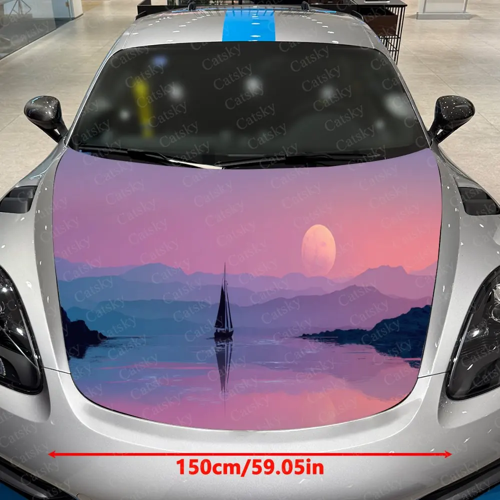 Pink Moon &Sailboat Pattern Car Hood Sticker,Waterproof Self-Adhesive Vinyl Graphics Decals,Decorative Auto Accessories Stickers