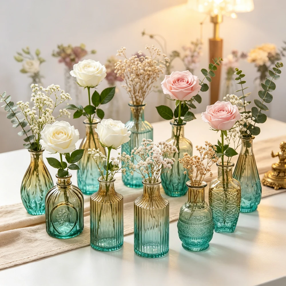 10/12Pcs French Retro Gradient Amber Glass Vases Single Stem Embossed Small Flower Bottles Home Wedding Desktop Decoration