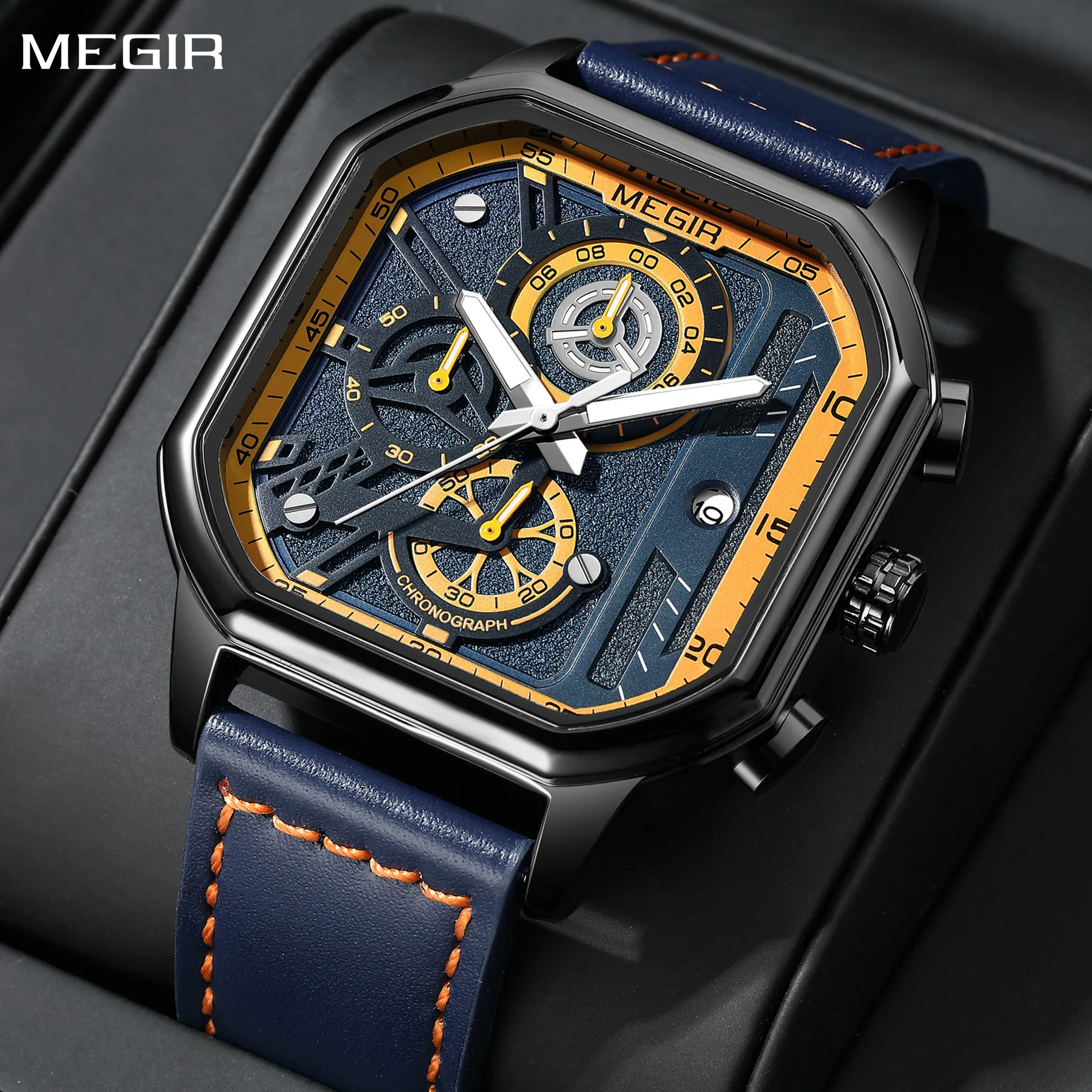 MEGIR Mode heren Squre Sport Horloge Quartz Chronograaf Lichtgevende Militaire Horloges Lederen Lichtgevende Klok Reloj Hombre 8106