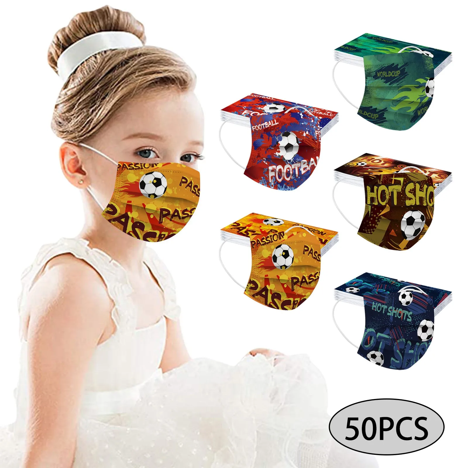 50pcs Disposable Children's Face Masks Fashion Football Theme Print Masks Kids Outdoor Dust-Proof Soft Breathable 3 Ply Mask