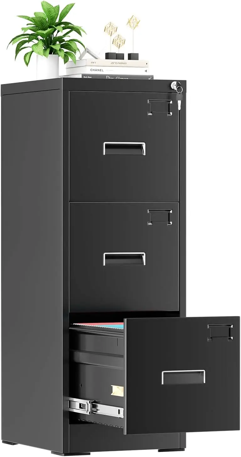 Tall 3 Drawer File Cabinet, Black Metal Filing Cabinet with Lock, Locking File Cabinets with 4 Adjustable Hanging Frame