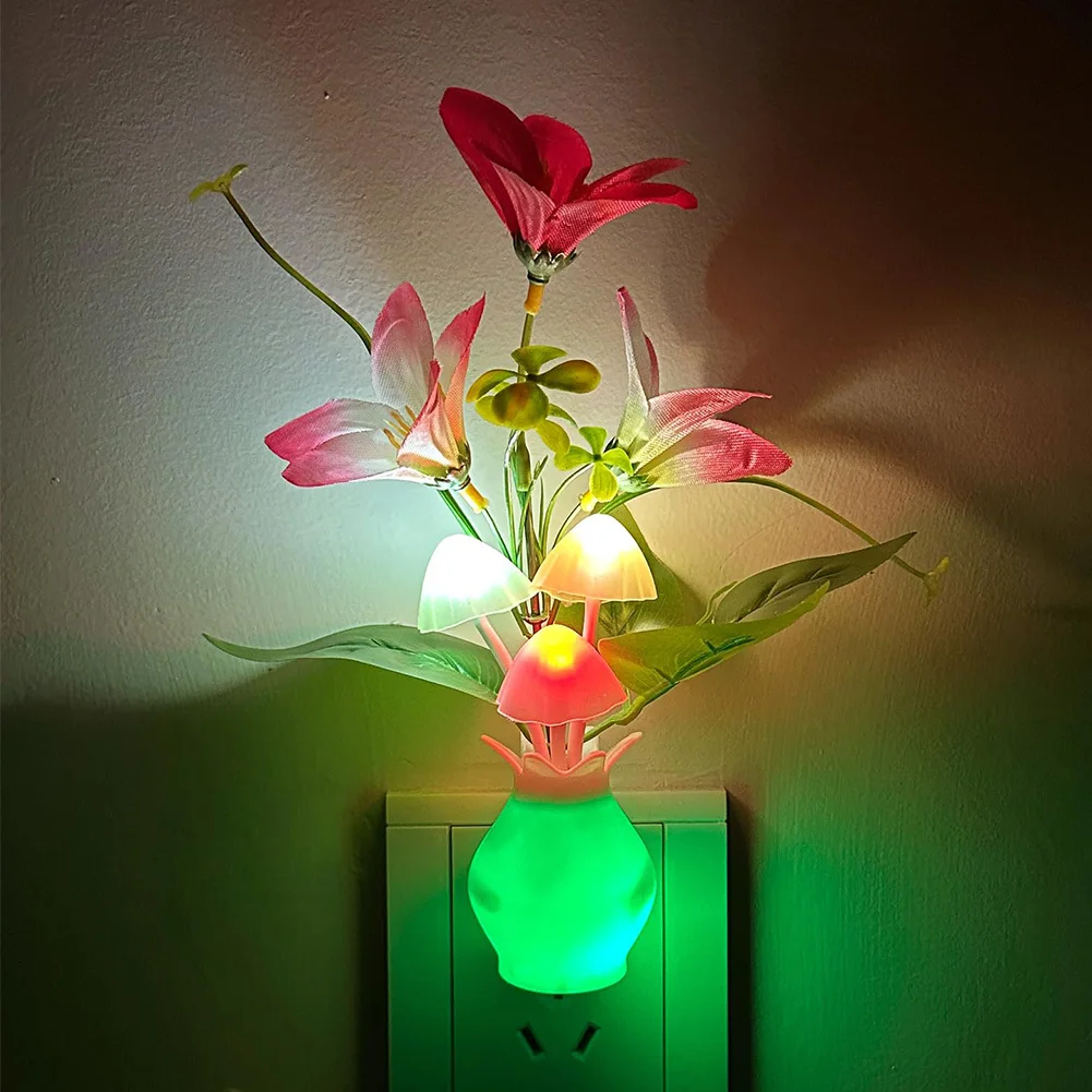 Plug-in Night Light With Auto Light Sensor RGB LED Mushroom Night Light, Energy Efficient Plug Into Wall Flower Lamp For Nursery