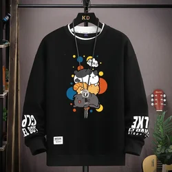 JP 만화 남성 운동복 후드 귀여운 고양이 프린트 긴 소매 티셔츠 패션 남성 의류 카키 O 넥 하라주쿠 탑