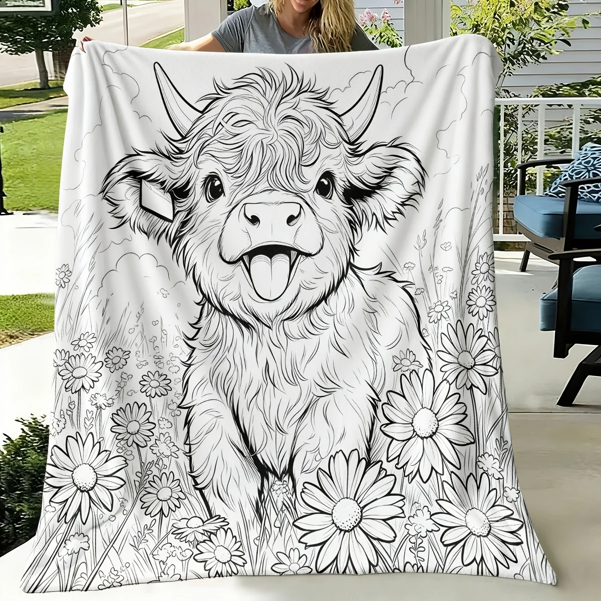 Highland Cow Daisy Flower Line Art Fleece Throw Blanket Soft Cozy Lightweight Blanket for Sofa Couch Bed Rustic Wildlife Themed
