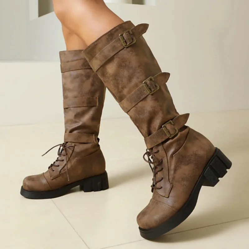 

Винтажные женские сапоги до середины икры с круглым носком, толстый каблук 4,5 см, плиссированные без шнуровки, большой размер 42, 43, для отдыха, на каждый день, Bota