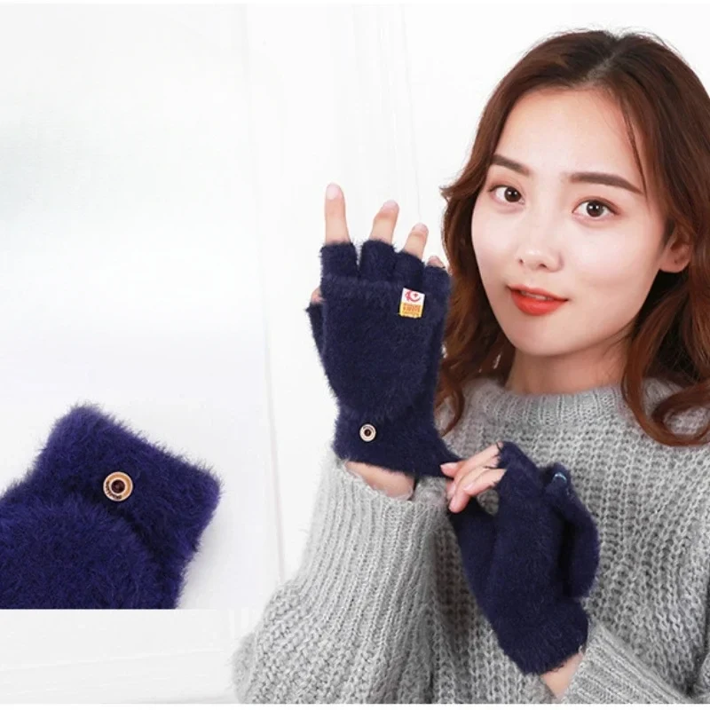 New Plush Gloves Winter Flap Knitted Gloves Warm and Thickened Wrap with Missing Fingers Fingerless Gloves Women