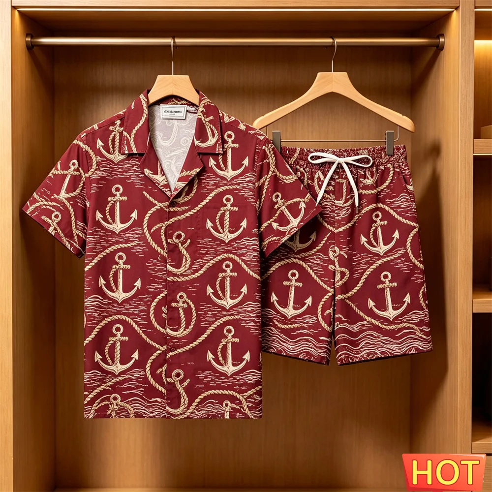 Men's 2 Piece Hawaiian Set Nautical Anchor Print Shirt Shorts Summer Beach Casual Outfit Retro 2 Piece Set Men's Y2k Clothing view 5