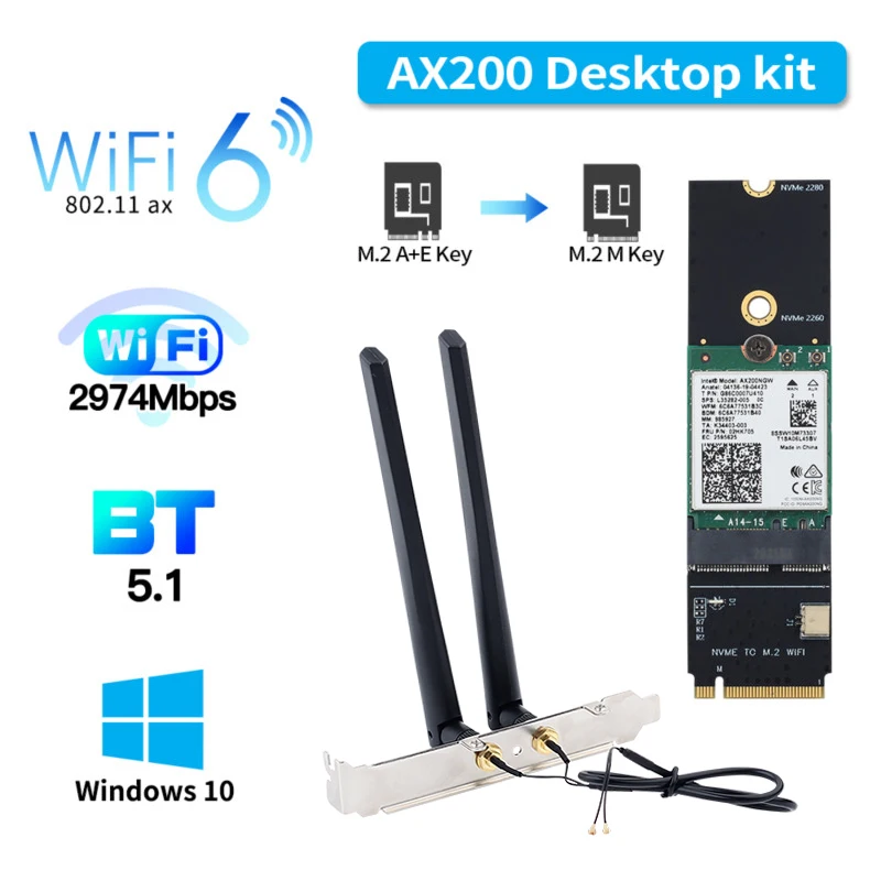 

3000Mbps Tri band Intel AX210 WiFi6 Bluetooth5.2 M.2 A+E Key To M.2 M Key NVMe SSD Port Wireless Network Wlan Wifi Card Adapter