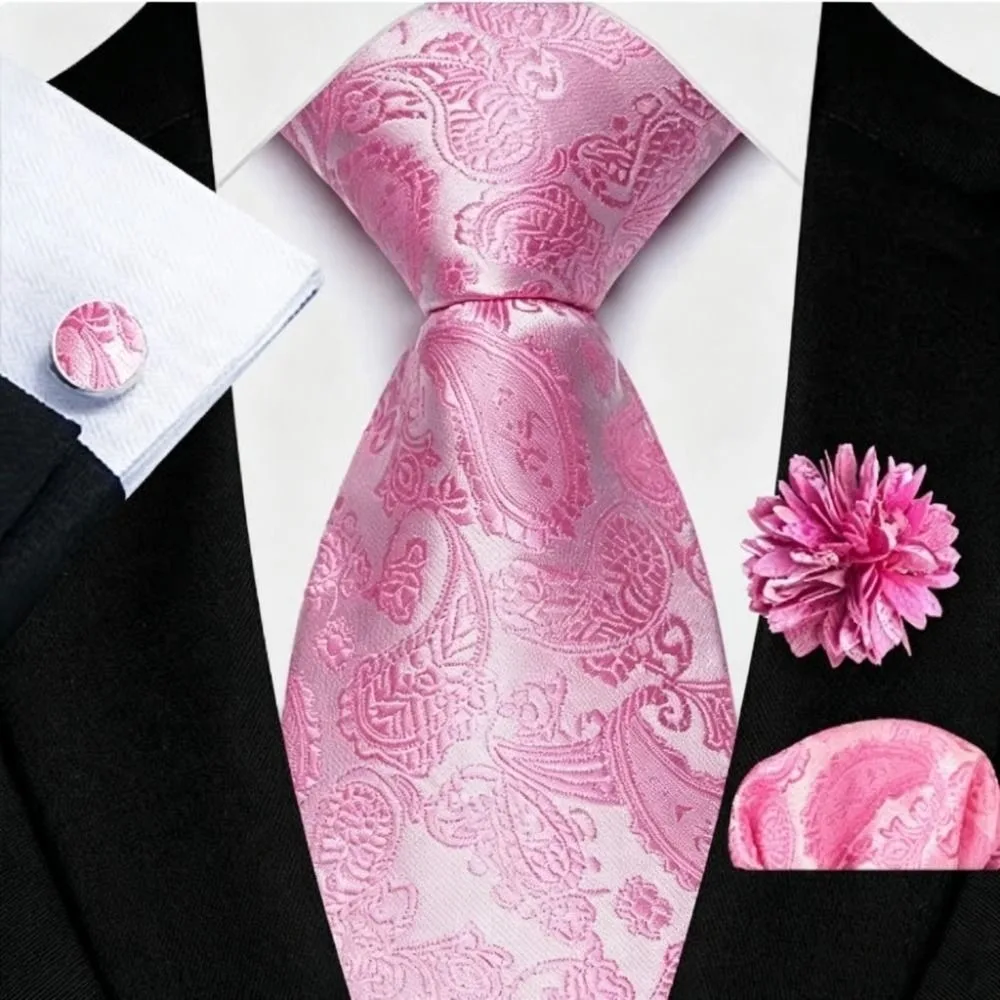 Designer Gold Blue Men Tie Set Pink Color Solid Stripes Paisley Tie 8CM Width Jacquard Woven Necktie Set Banquet