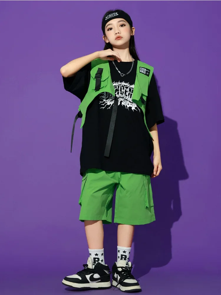 Kinder Hip Hop Sets Schwarzes T-shirt Grüne Weste Shorts für Jungen Mädchen K-pop Street Dance Kleidung Jazz Kostüm Kinder streetwear