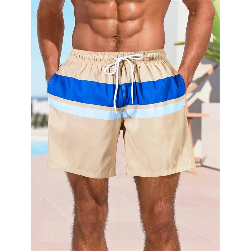 Colorful Stripe Pattern Beach Shorts For Men Color Stitching 3D Printed Swim Trunks Summer Hawaii Board Shorts Loose Short Pants